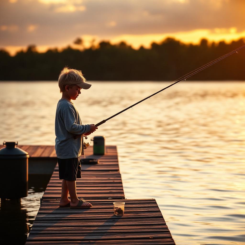 A boy fishing off a dock at sunset