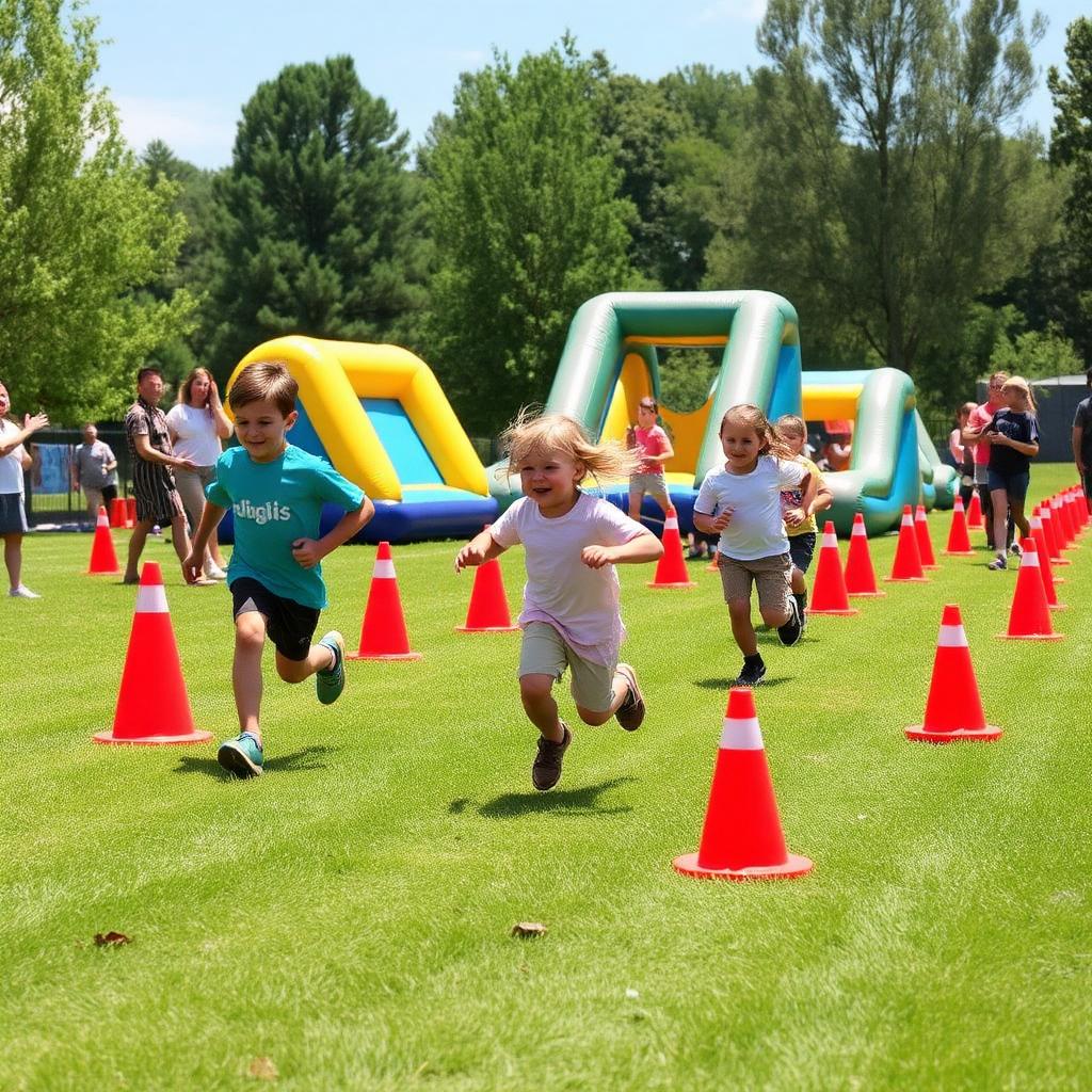 Kids racing through an outdoor obstacle course