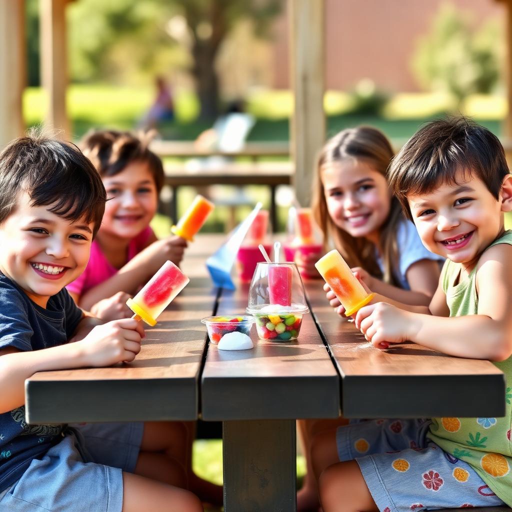 Kids enjoying popsicles at a picnic table