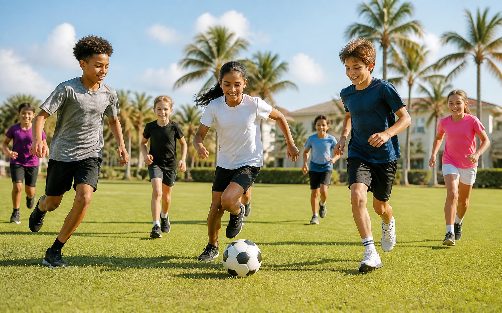 Kids playing soccer together on a sunny field in Parkland, Florida